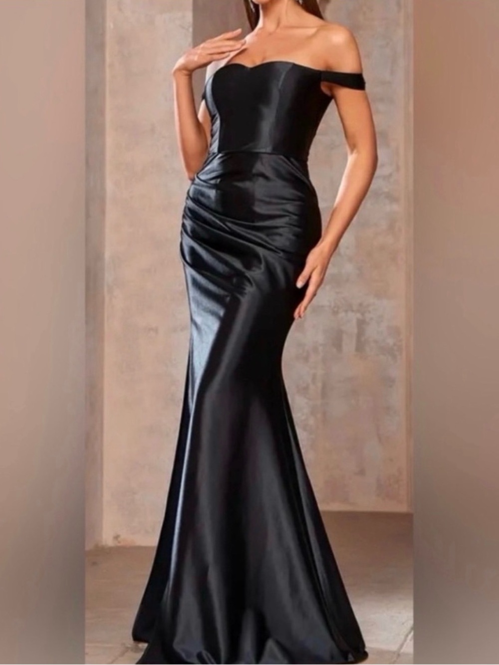 Off-Shoulder Black Satin Evening Gown